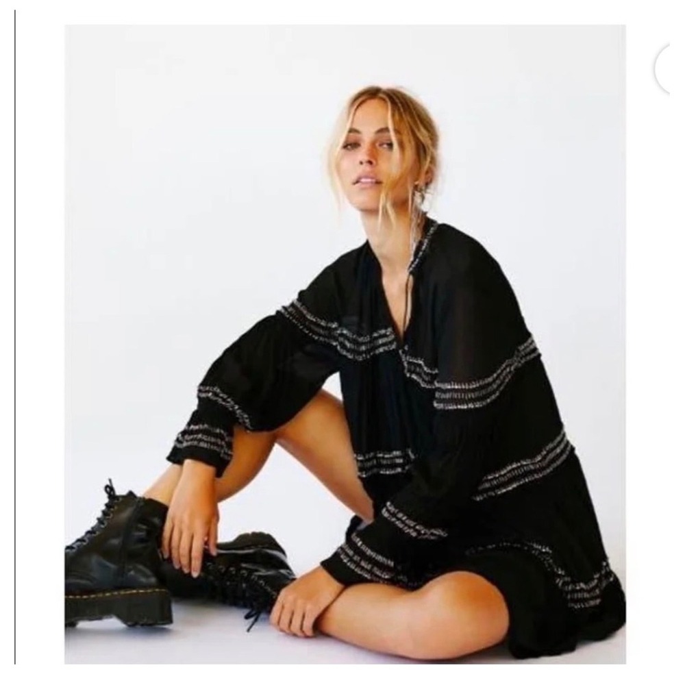 Free People Solstice Mini Dress Black Small Beaded Tassel Boho Festival Tiered